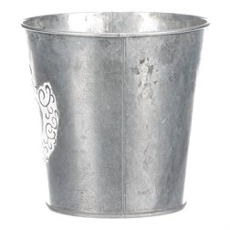 Obal kovový na květiny ve stříbrné barvě s dekorem srdce.