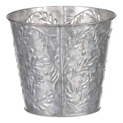 Obal kovový na květiny ve stříbrné barvě s dekorem jmelí.