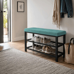 Botník 2 police, potah zelená látka, kov - černý matný lak