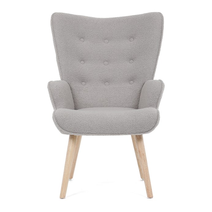 Kreslo "ušák", poťah šedá látka bouclé, nohy masiv kaučukovník AK-309 GREY2