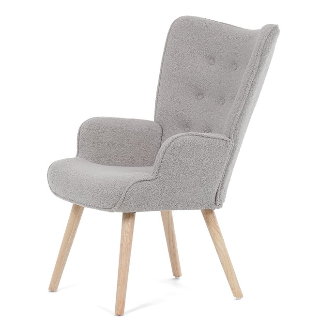 Kreslo "ušák", poťah šedá látka bouclé, nohy masiv kaučukovník AK-309 GREY2