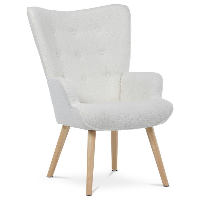 Kreslo "ušák", poťah biela látka bouclé, nohy masiv kaučukovník AK-309 WT2