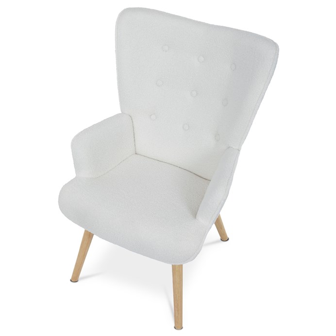 Kreslo "ušák", poťah biela látka bouclé, nohy masiv kaučukovník AK-309 WT2