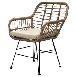 Relaxační set stůl + 2 židle, kov, umělý ratan, látka béžová, deska stolku polywood