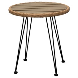 Relaxační set stůl + 2 židle, kov, umělý ratan, látka béžová, deska stolku polywood