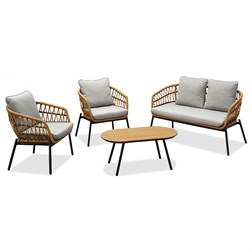 Zahradní set 1+1+2, stůl 90x48, židle a dvojsedačka, přírodní umělý ratan, kov antracit, světle šedá látka