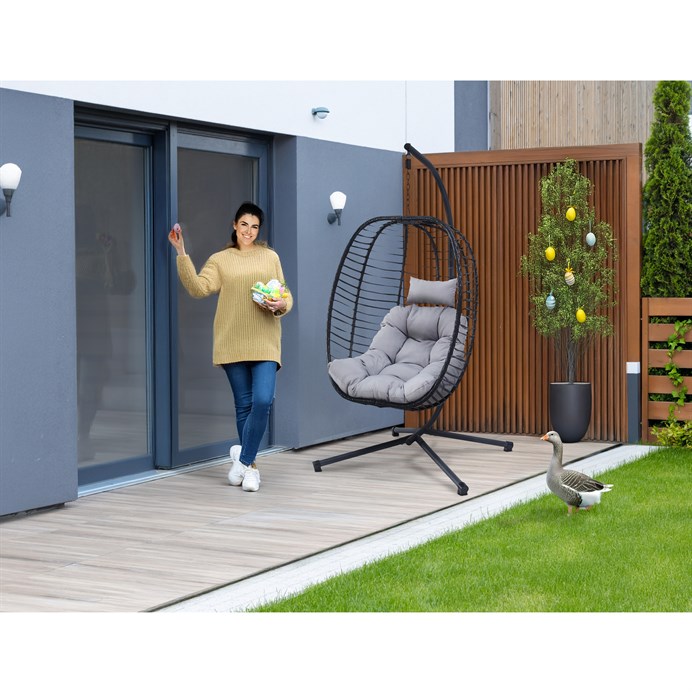 Závesné kreslo, kov, polyratan, sivá, AZ-V1289 GREY