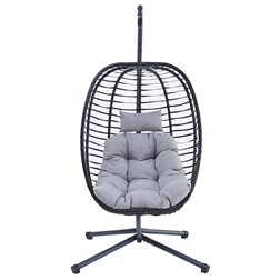Zahradní závěsné křeslo, výplet antracit umělý ratan, potah šedá látka