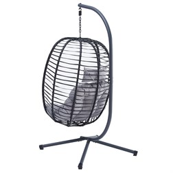 Zahradní závěsné křeslo, výplet antracit umělý ratan, potah šedá látka