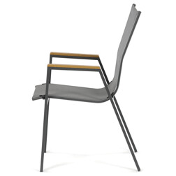 Židle zahradní šedý textilen, šedá kovová konstrukce, područky polywood v dekoru dubu