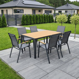 Židle zahradní šedý textilen, šedá kovová konstrukce, područky polywood v dekoru dubu