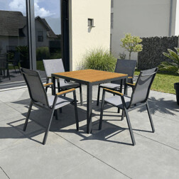 Stůl zahradní 90x90x73, deska polywood v dekoru dubu, šedá kovová konstrukce