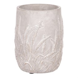 Váza betonová s dekorem obilí, zlatá barva.