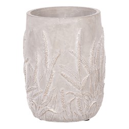 Váza betonová s dekorem obilí, zlatá barva.