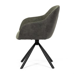 Židle jídelní, zelená látka a tmavě šedá látka v dekoru vintage kůže, černý kov, otočná P90°+ L90° s vratným mechanismem