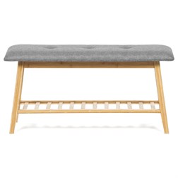 Botník / taburet, police, masiv bambus, přírodní odstín, šedá látka