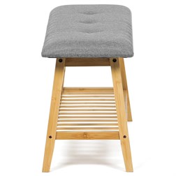 Botník / taburet, police, masiv bambus, přírodní odstín, šedá látka