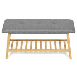 Botník / taburet, police, masiv bambus, přírodní odstín, šedá látka