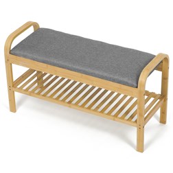 Botník / taburet, police, masiv bambus, přírodní odstín, šedá látka