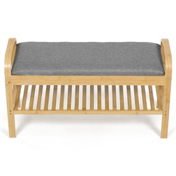 Botník / taburet, police, masiv bambus, přírodní odstín, šedá látka