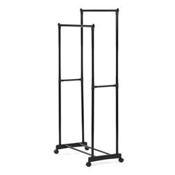 Stojan na šaty dvouramenný s odkladačem na boty, černá barva, kov / plast, chrom