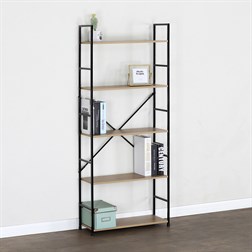 Regál, 5 polic, dekor dub, MDF, černý lak