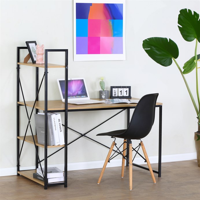 stôl psací s regálem, MDF, dekor dub, čierny kov GD-520 OAK