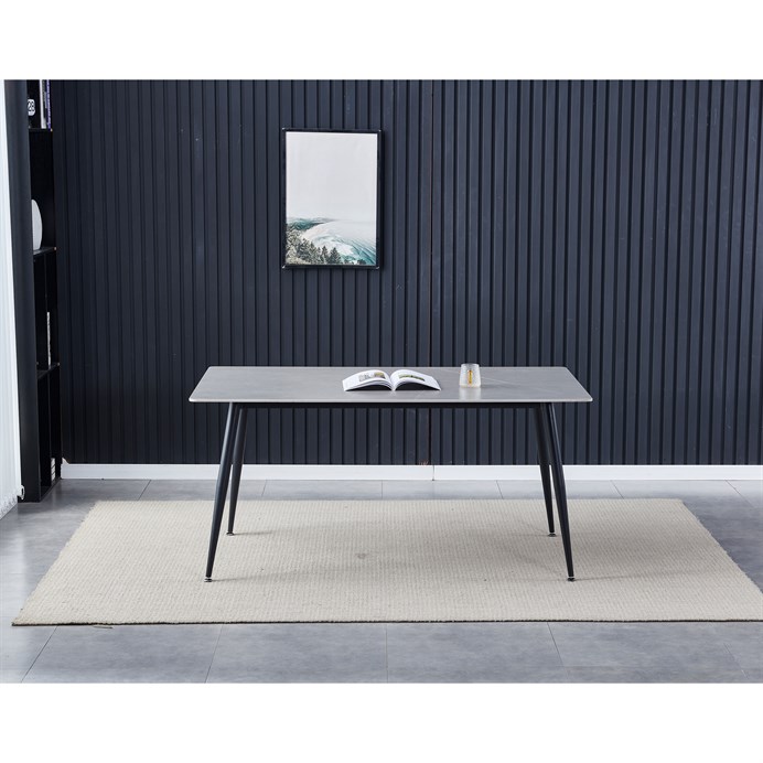 Jedálenský stôl 160x90x76 cm, doska slinutý kámen v imitaci matného mramoru, čierne kovové nohy HT-406M GREY