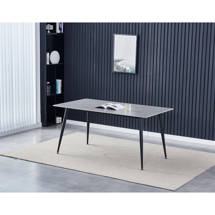 Jedálenský stôl 160x90x76 cm, doska slinutý kámen v imitaci matného mramoru, čierne kovové nohy HT-406M GREY