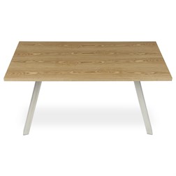 Stůl jídelní 160x90cm, MDF+ dýha, odstín dub, kovové nohy, broušený nerez.