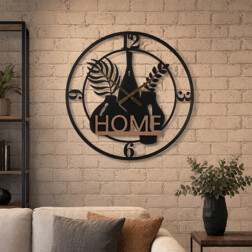 Hodiny nástěnné - "HOME", kov a MDF, černé, 60 cm