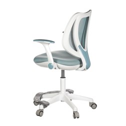 Dětská židle, modrá síťovina, bílý plastový kříž, kolečka na tvrdé podlahy, podpěrka nohou