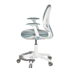 Dětská židle, modrá síťovina, bílý plastový kříž, kolečka na tvrdé podlahy, podpěrka nohou