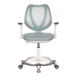 Dětská židle, modrá síťovina, bílý plastový kříž, kolečka na tvrdé podlahy, podpěrka nohou