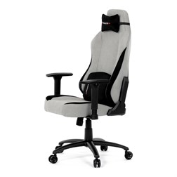 Herní křeslo, stříbrná látka, houpací mechanismus, polohování opěradla 90°-180°, 3D područky, polštáře z paměťové pěny,