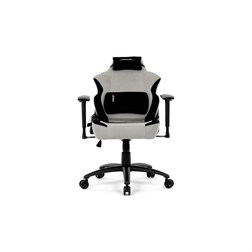 Herní křeslo, stříbrná látka, houpací mechanismus, polohování opěradla 90°-180°, 3D područky, polštáře z paměťové pěny,