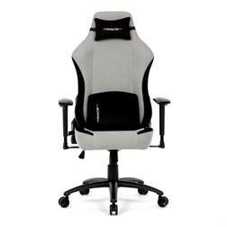 Herní křeslo, stříbrná látka, houpací mechanismus, polohování opěradla 90°-180°, 3D područky, polštáře z paměťové pěny,