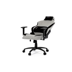 Herní křeslo, stříbrná látka, houpací mechanismus, polohování opěradla 90°-180°, 3D područky, polštáře z paměťové pěny,