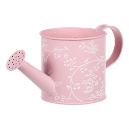 Obal kovový - konev, v růžové barvě s bílými růžemi.