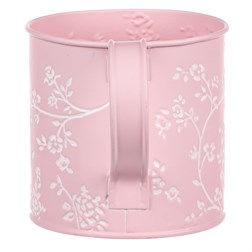 Obal kovový - konev, v růžové barvě s bílými růžemi.
