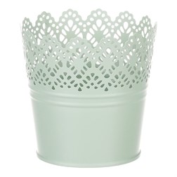 Obal kovový, krajkový okraj, zelená barva.