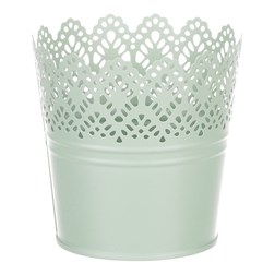 Obal kovový, krajkový okraj, zelená barva.