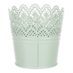 Obal kovový, krajkový okraj, zelená barva.