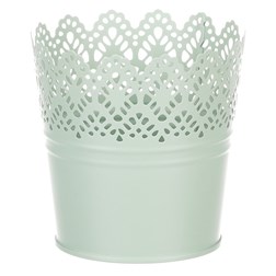 Obal kovový, krajkový okraj, zelená barva.