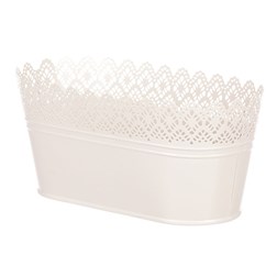 Truhlík kovový, krajkový okraj, krémová barva.