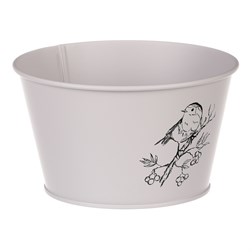 Obal kovový, šedivá barva s ptáčkem.