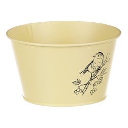 Obal kovový, žlutá barva s ptáčkem.