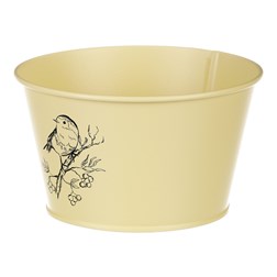 Obal kovový, žlutá barva s ptáčkem.