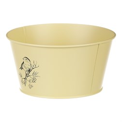 Obal kovový, žlutá barva s ptáčkem.