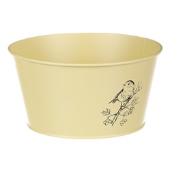 Obal kovový, žlutá barva s ptáčkem.